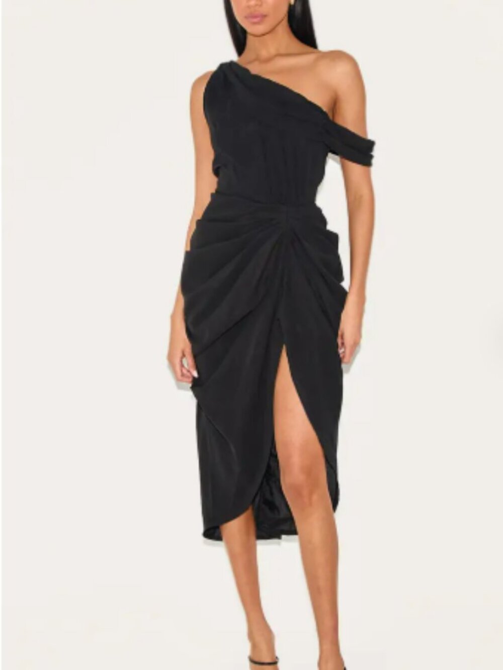 Pretty Little Thing / Nastygal Black Chiffon Asymmetric Strap Draped Midi Dress